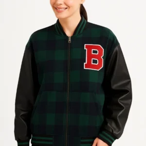 Kadın Kolej Ceket – Kareli Oduncu Kumaş, Kolları Suni Deri, Fermuarlı, İçi Kapitone Astarlı, Nakışlı Oversize Bahar & Kış Stil - Haki