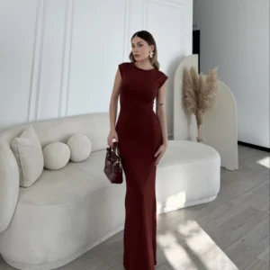 Alternative view of Kolsuz Uzun Likralı Elbise - Bordo