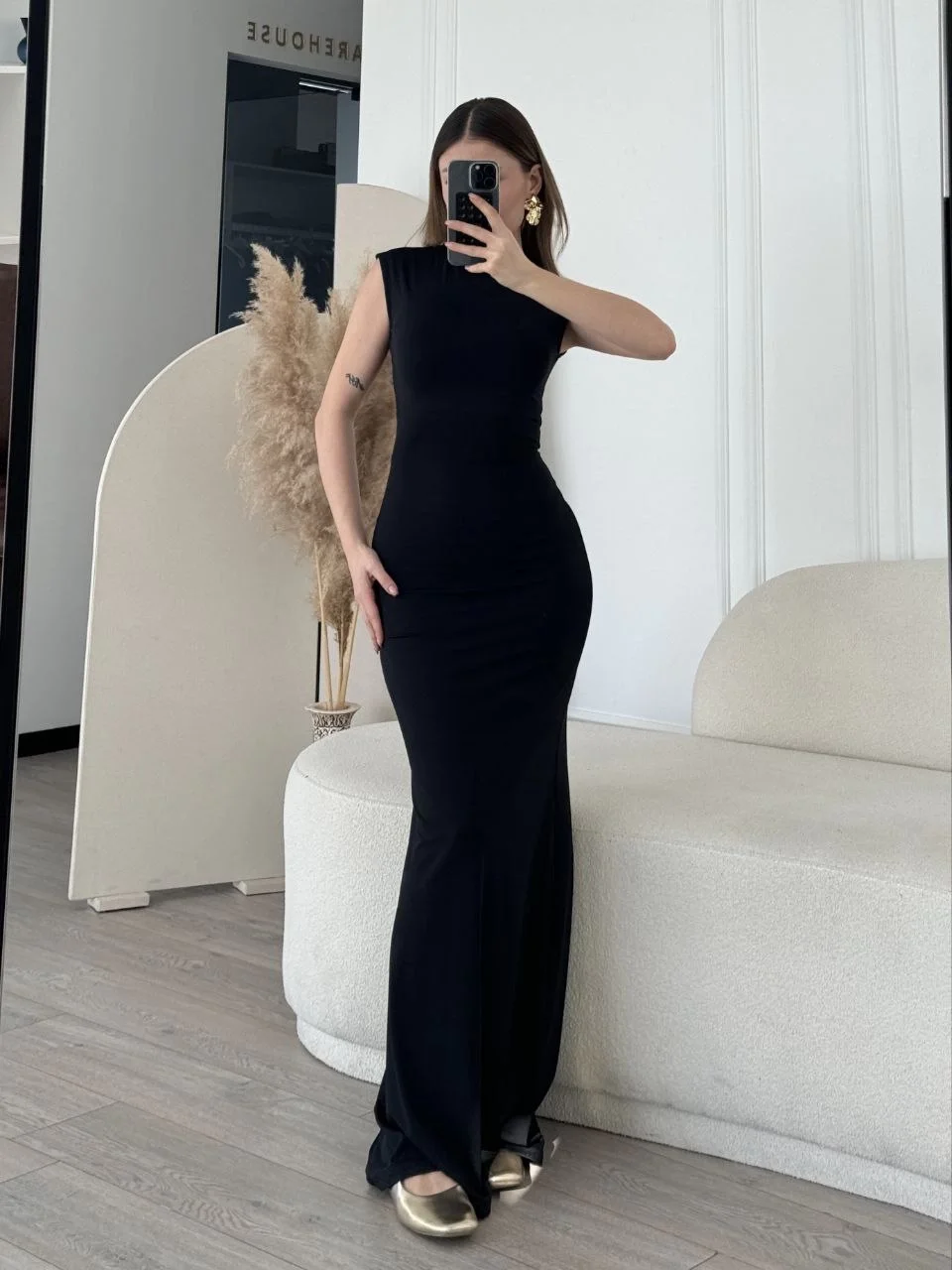 Kolsuz Uzun Likralı Elbise - Siyah - Görsel 4