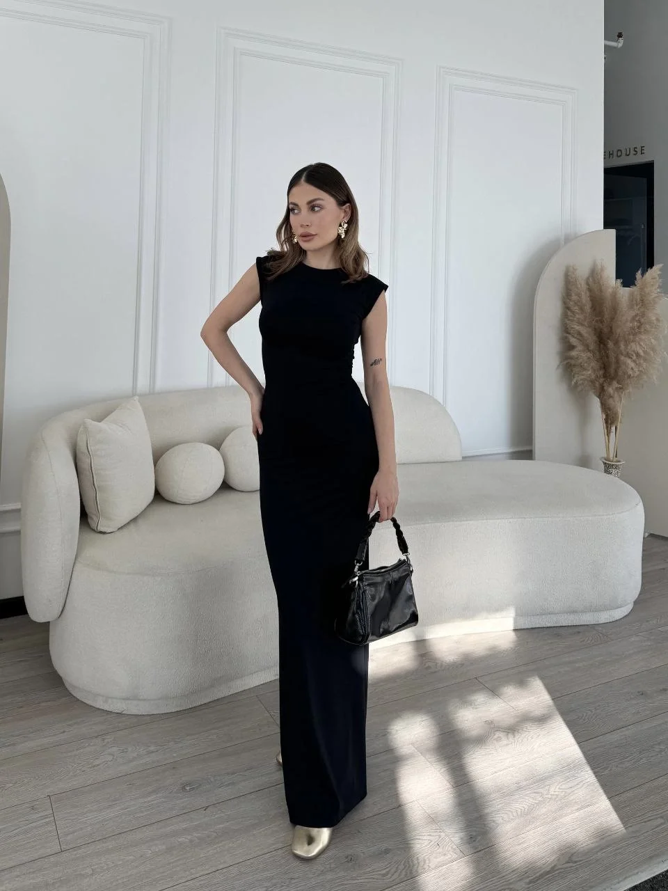 Kolsuz Uzun Likralı Elbise - Siyah - Görsel 6