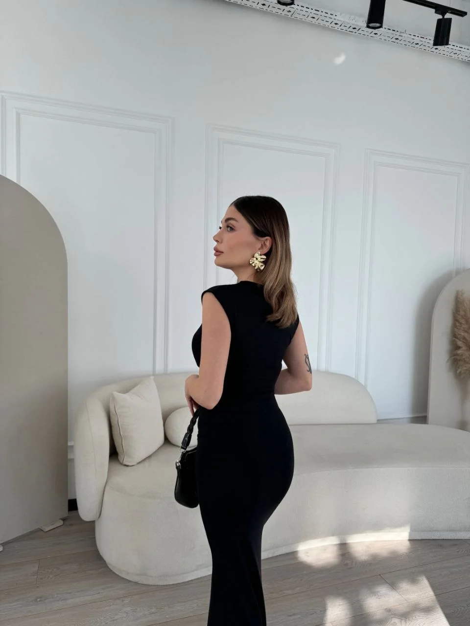 Kolsuz Uzun Likralı Elbise - Siyah - Görsel 2