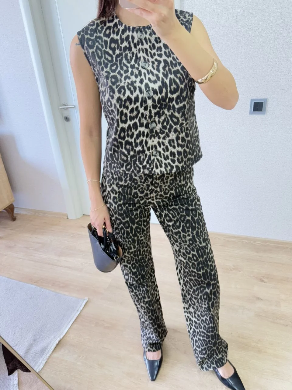 leopar desenli Düğmeli Bluzlu Pantolon İkili Takım -Leopar - Görsel 5