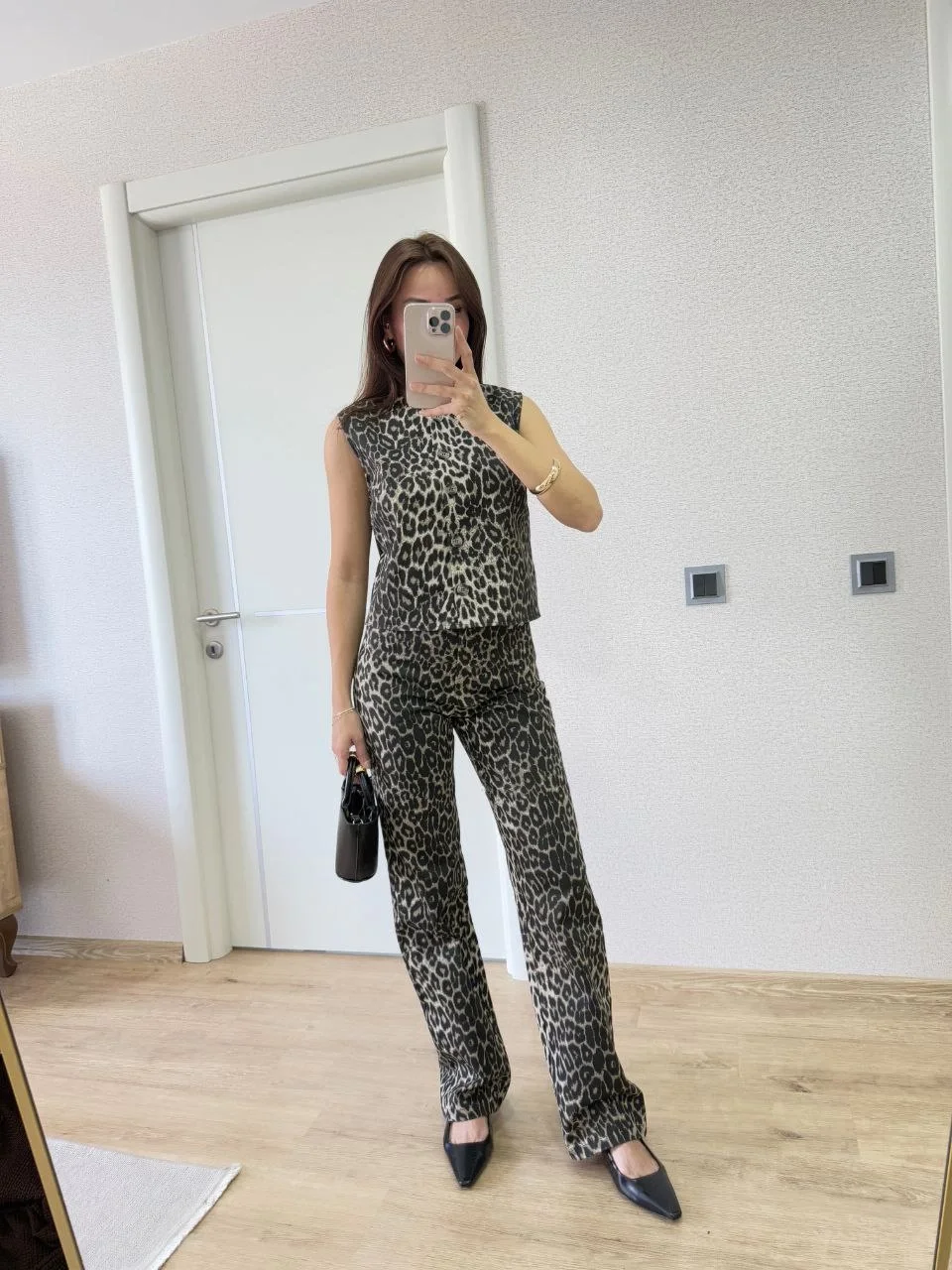 leopar desenli Düğmeli Bluzlu Pantolon İkili Takım -Leopar - Görsel 7