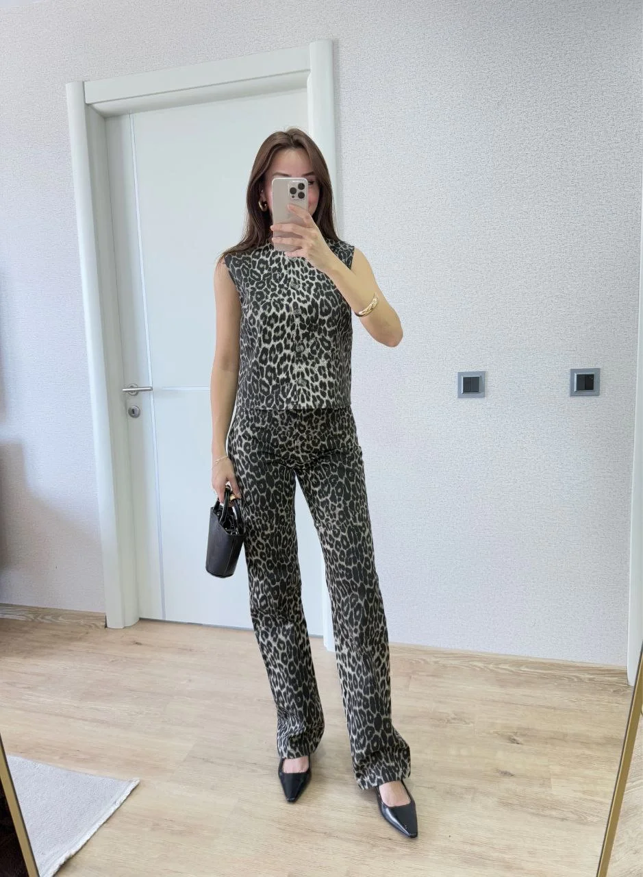 leopar desenli Düğmeli Bluzlu Pantolon İkili Takım -Leopar - Görsel 6