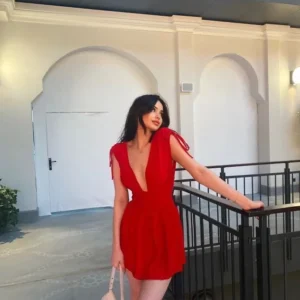 Omuzu ip Askılı Şortlu Elbise - Kırmızı