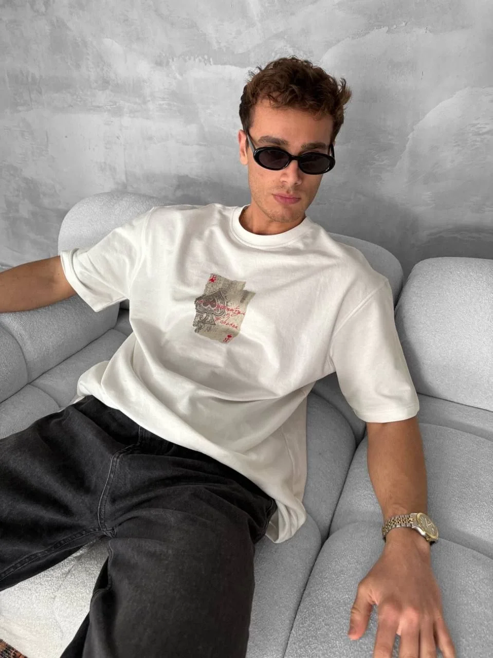 Ön ve Arka Baskılı Oversize Bisiklet Yaka T-shirt - Beyaz - Görsel 4