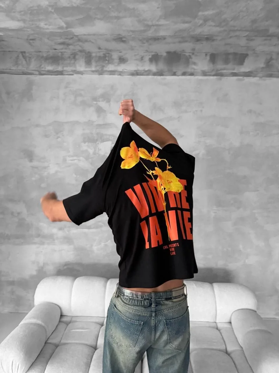 Ön ve Arka Baskılı Oversize Bisiklet Yaka T-shirt- Siyah - Görsel 4