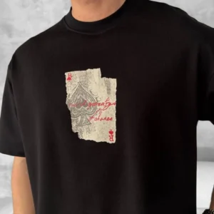 Ön ve Arka Baskılı Oversize Bisiklet Yaka T-shirt - Siyah