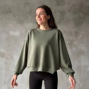 Osy Modal Yumuşak dokulu Kumaş Bisiklet Yaka Oversize Sweatshirt - Haki