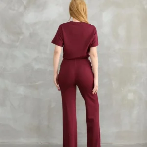 Alternative view of Osy Modal Yumuşak dokulu Kumaş Bisiklet Yaka Parçalı detaylı Kısa Kollu Takım - Bordo