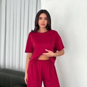 Alternative view of Osy Modal Yumuşak Dokulu Kumaş Bisiklet Yaka T-shirt Bol paça Pantalon ikili Takım -Bordo