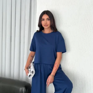 Alternative view of Osy Modal Yumuşak Dokulu Kumaş Bisiklet Yaka T-shirt Bol paça Pantalon ikili Takım -Saks Mavi