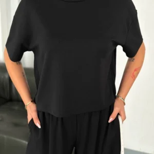 Alternative view of Osy Modal Yumuşak Dokulu Kumaş Bisiklet Yaka T-shirt Bol paça Pantalon ikili Takım -Siyah