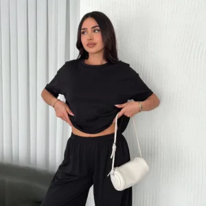 Osy Modal Yumuşak Dokulu Kumaş Bisiklet Yaka T-shirt Bol paça Pantalon ikili Takım -Siyah