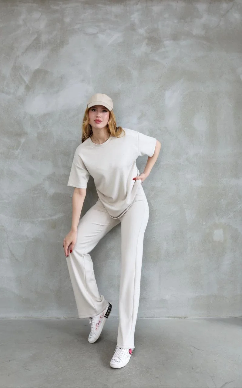 Osy Modal Yumuşak dokulu Kumaş Bisiklet Yaka Taş detaylı Kısa Kollu Takım - Kırık Beyaz - Görsel 3