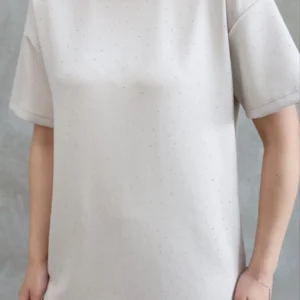 Alternative view of Osy Modal Yumuşak dokulu Kumaş Bisiklet Yaka Taş detaylı Kısa Kollu Takım - Kırık Beyaz