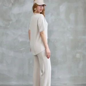 Osy Modal Yumuşak dokulu Kumaş Bisiklet Yaka Taş detaylı Kısa Kollu Takım - Kırık Beyaz