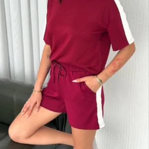 Osy Modal yumuşak dokulu Kumaş Kadın Parçalı Bisiklet Yaka T-shirt Kısa Şort İkili Takım - Bordo