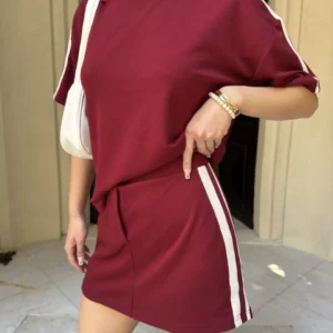 Osy Modal yumuşak dokulu Kumaş Kadın Parçalı Bisiklet Yaka T-shirt Mini Şortlu Etek İkili Takım -Bordo