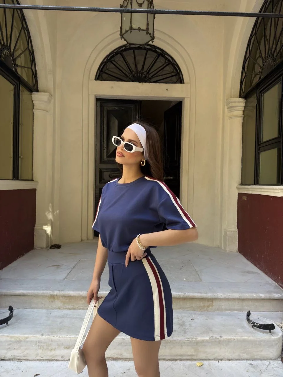 Osy Modal yumuşak dokulu Kumaş Kadın Parçalı Bisiklet Yaka T-shirt Mini Şortlu Etek İkili Takım -Lacivert - Görsel 2