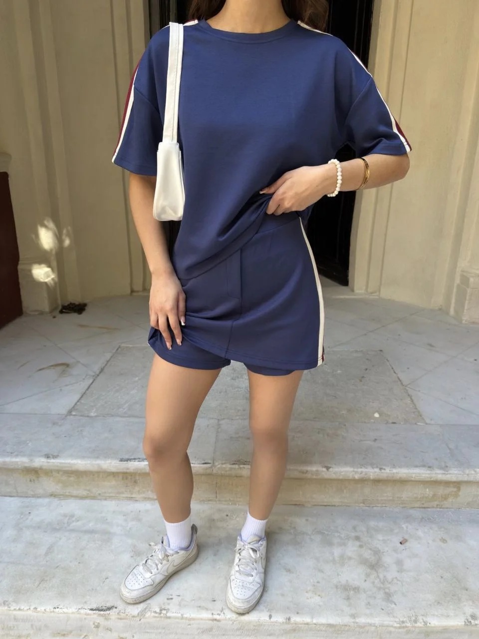 Osy Modal yumuşak dokulu Kumaş Kadın Parçalı Bisiklet Yaka T-shirt Mini Şortlu Etek İkili Takım -Lacivert - Görsel 3