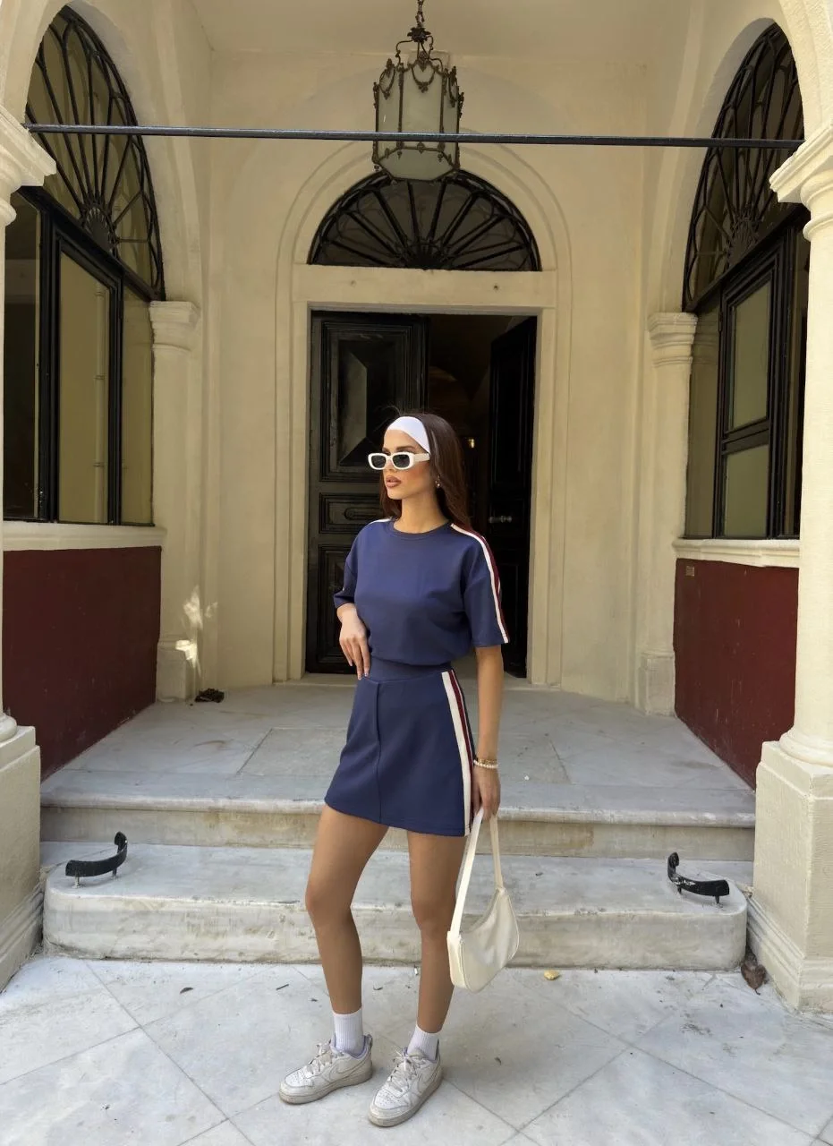 Osy Modal yumuşak dokulu Kumaş Kadın Parçalı Bisiklet Yaka T-shirt Mini Şortlu Etek İkili Takım -Lacivert - Görsel 5