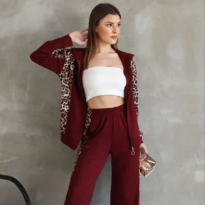 Osy Modal Yumuşak Dokulu Kumaş Kapüşonlu Leopar Desenli Fermuarlı Takım - Bordo