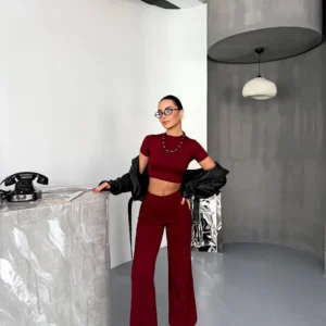 Alternative view of Osy Modal Yumuşak Dokulu Kumaş Kısa Kollu Crop Alt ispanyol Paça Pantalon ikili Takım - Bordo