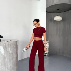 Osy Modal Yumuşak Dokulu Kumaş Kısa Kollu Crop Alt ispanyol Paça Pantalon ikili Takım - Bordo
