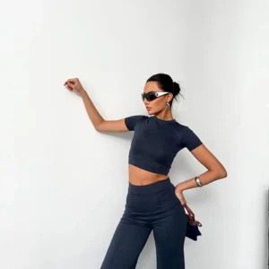 Alternative view of Osy Modal Yumuşak Dokulu Kumaş Kısa Kollu Crop Alt ispanyol Paça Pantalon ikili Takım - Füme