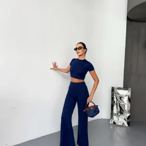 Osy Modal Yumuşak Dokulu Kumaş Kısa Kollu Crop Alt ispanyol Paça Pantalon ikili Takım - Lacivert