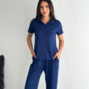 Osy Modal Yumuşak Dokulu Kumaş Kısa Kollu Yakalı T-shirt Pantalon ikili Takım- Lacivert
