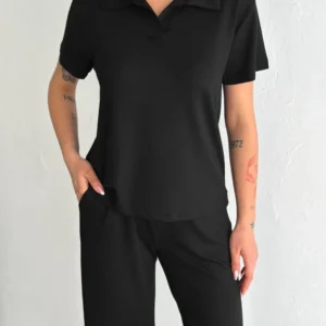 Osy Modal Yumuşak Dokulu Kumaş Kısa Kollu Yakalı T-shirt Pantalon ikili Takım- Siyah