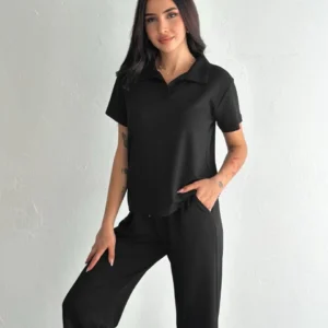 Alternative view of Osy Modal Yumuşak Dokulu Kumaş Kısa Kollu Yakalı T-shirt Pantalon ikili Takım- Siyah