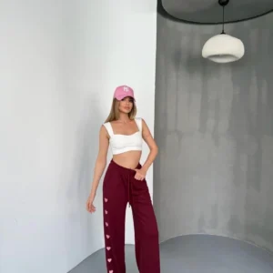 Osy Modal Yumuşak Dokulu Kumaş Nakış işlemeli Rahat Bol Paça Eşofman Pantalon - Bordo