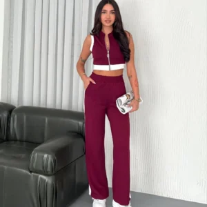 Osy Modal Yumuşak Dokulu Kumaş Tam Fermuarlı Crop Pantalon İkili Takım - Bordo