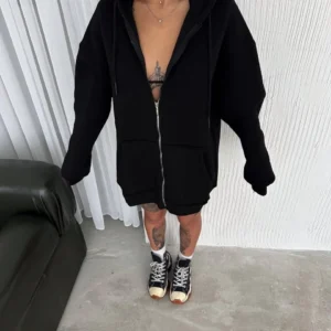 Oversize Tam Fermuarlı Uzun Kol Hırka - Siyah