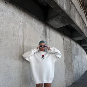 Oversize Üç İplik Bisiklet Yaka Baskılı SweatShirt - Beyaz