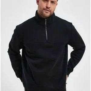 Oversize Yarım Farmuarlı Yakalı Basic SweatShirt - Siyah