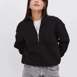 Oversize Yarım Farmuarlı Yakalı Basic SweatShirt - Siyah