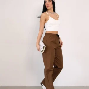 Praşut Kumaş Paça Cepli Baggy Eşofman - Kahve