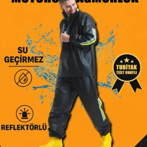 Premium Motorcu Kurye Yağmurluk Takım Su Geçirmez PVC Kumaş Reflektörlü TÜBİTAK Onaylı - Siyah