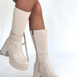 Moki Bej Cilt Topuklu Çizme