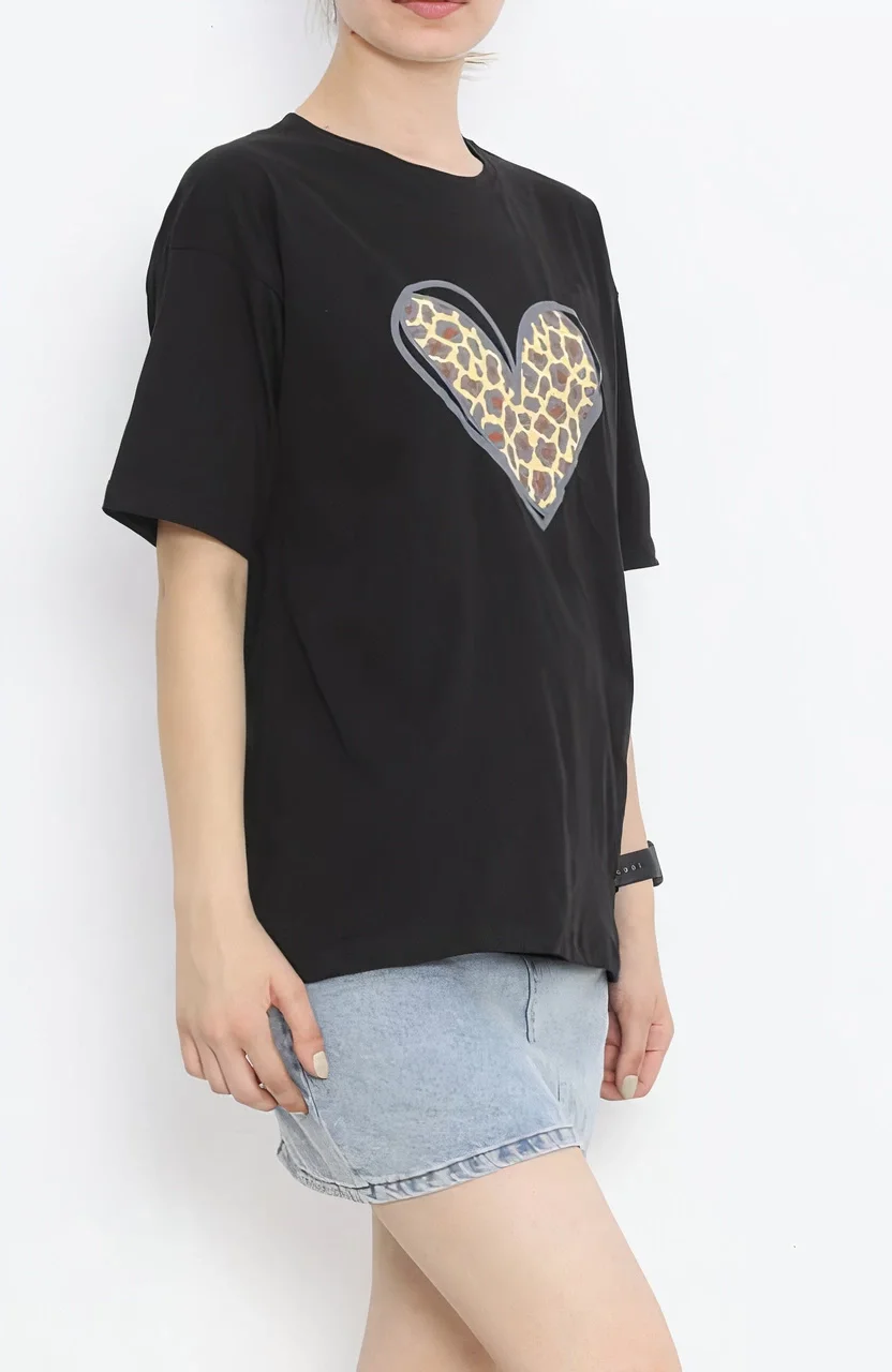 Sevgililer Günü İçin Özel Tasarım Leopar Kalp Baskılı T-shirt - Siyah - Görsel 2