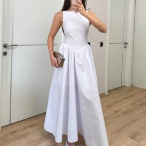 Alternative view of Sifir Kol Beli Oturtmalı Kolsuz Uzun Elbise - Beyaz