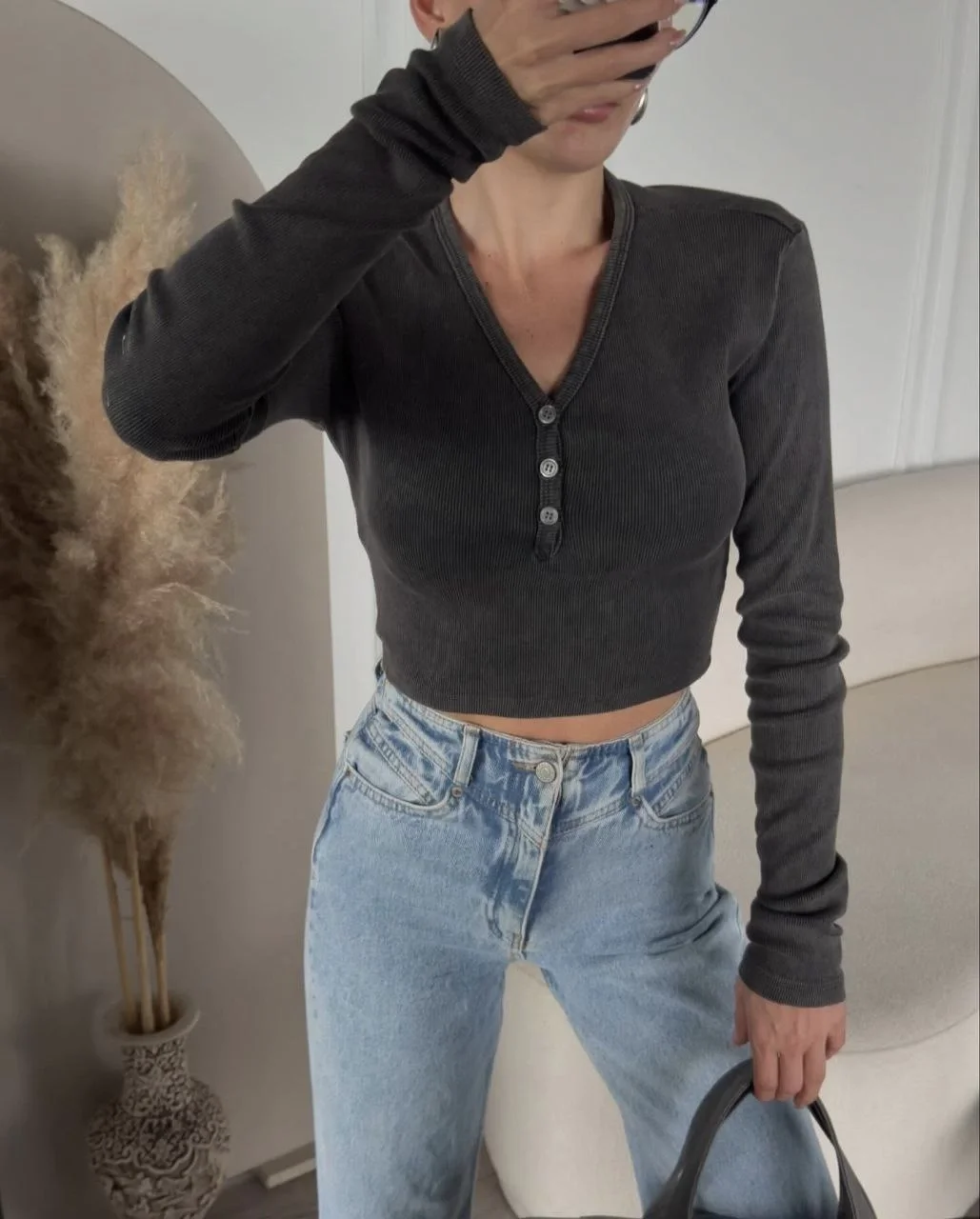 Düğme Detaylı Yıkamalı Crop - Görsel 3