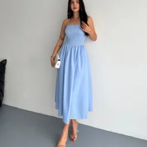 Straplez Pileli Elbise - Açık Mavi