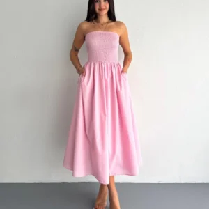 Alternative view of Straplez Pileli Elbise - Pembe