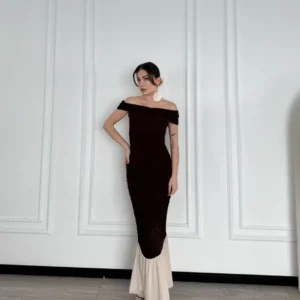 Striptiz Omuzlu Uzun Elbise- Kahve