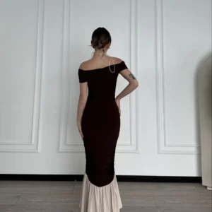 Alternative view of Striptiz Omuzlu Uzun Elbise- Kahve